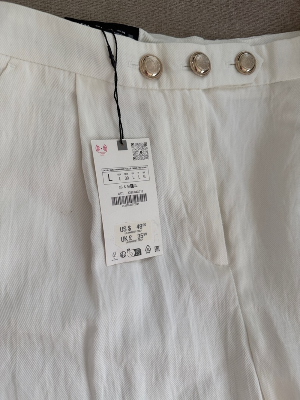 Zara NWT Size L Women’s Cream Pleated Linen Blend Pants /Gold Buttons - Picture 3 of 5